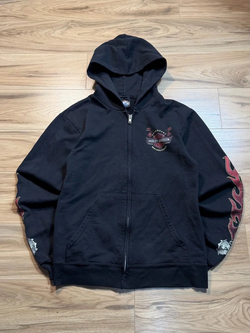 Harley-Davidson Black Hooded Zip Jacket with Red Flame Sleeves